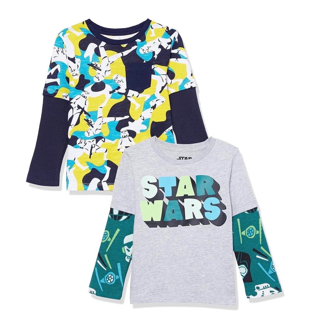 Amazon Essentials Star‎ Wars Boys Long-Sleeve 2-in-1 T-Shirts 2 pack NIP 6-7 yrs